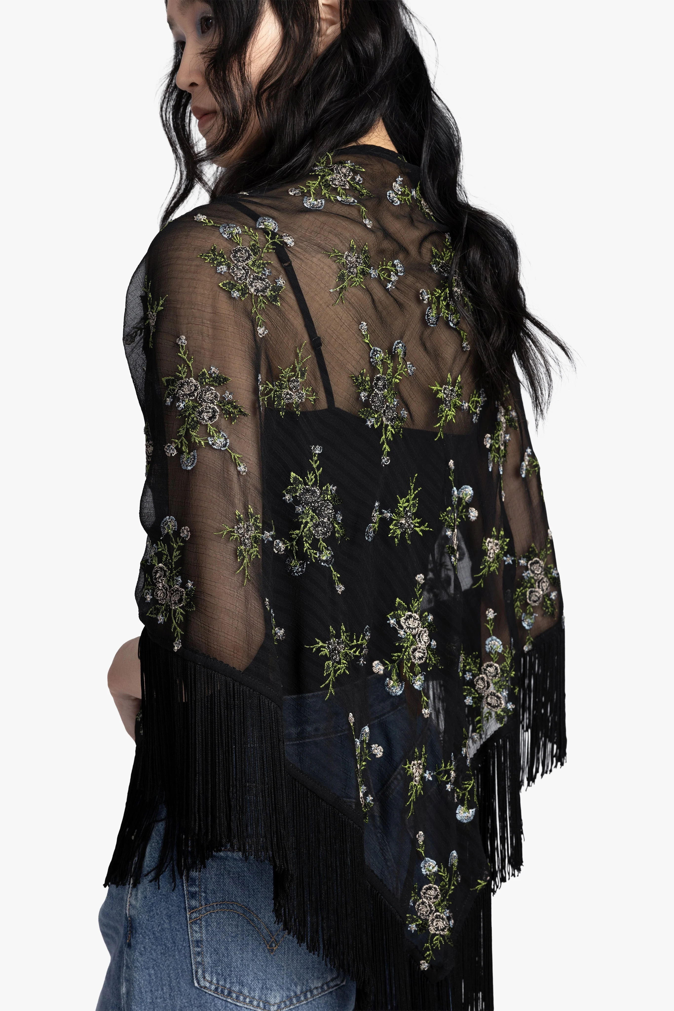 Bluebell Embroidered Chiffon Fringe Shawl - Image 4