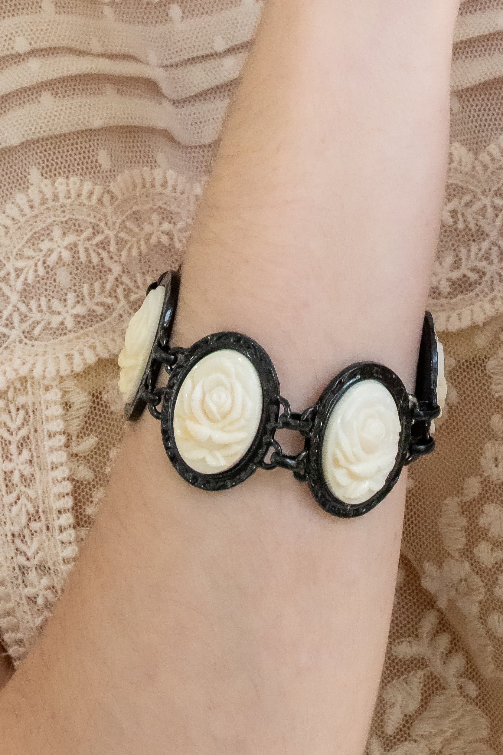 Carved Rose Black Bracelet - Ivory - Image 5