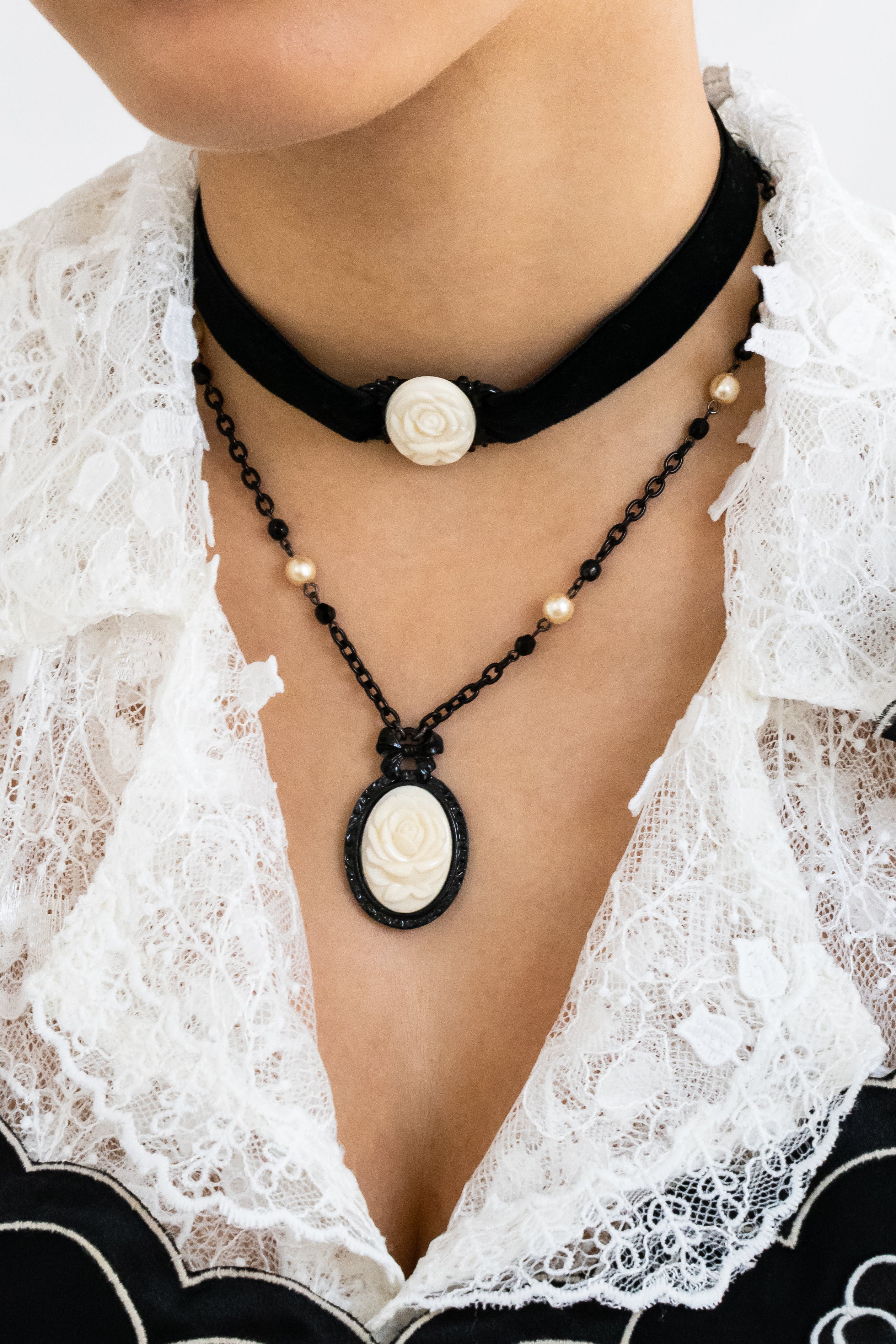 Carved Rose Victorian Necklace & Choker Set – Ivory - Image 2