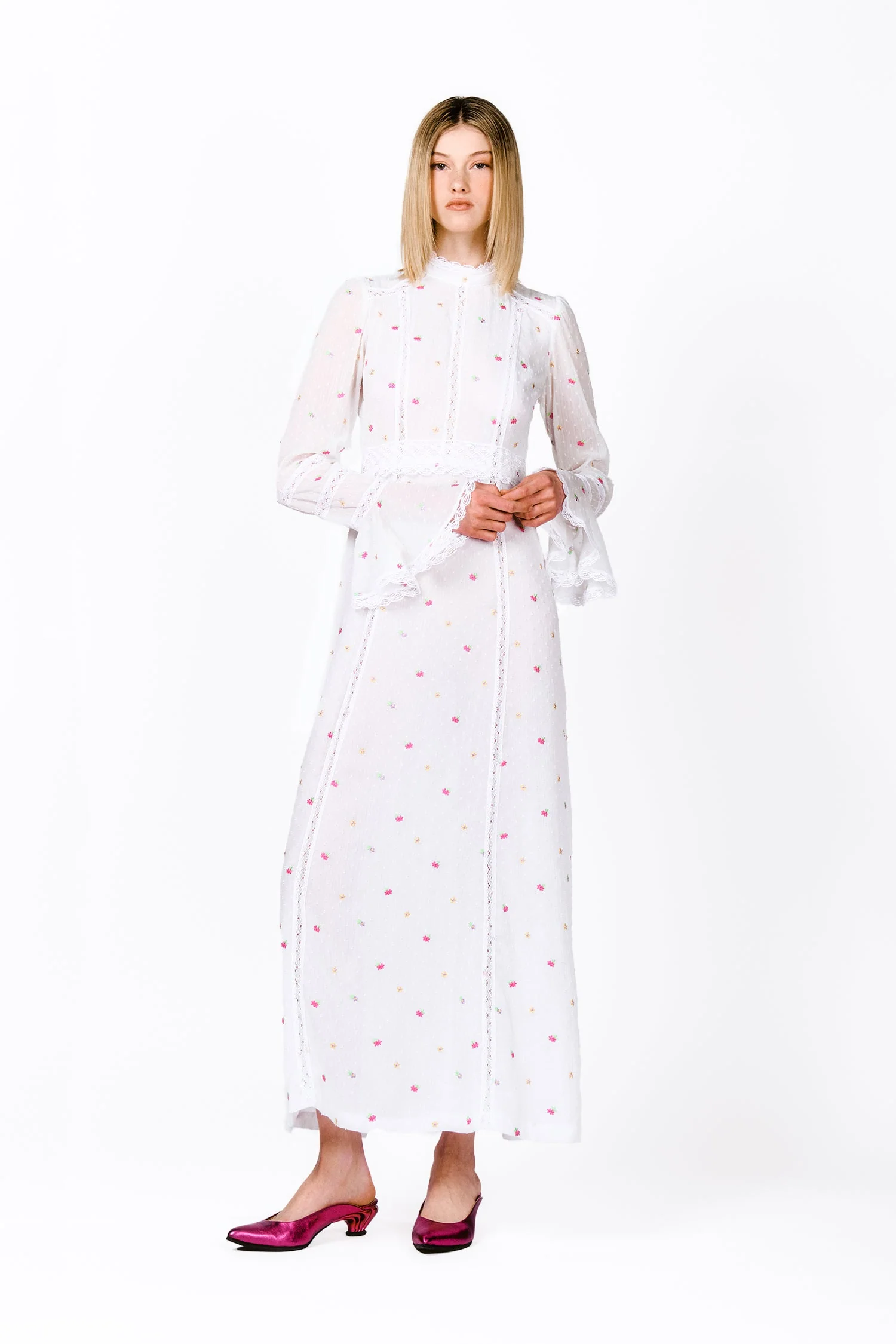Cluny Lace Trimmed Floral Swiss Dot Maxi Dress - Image 4
