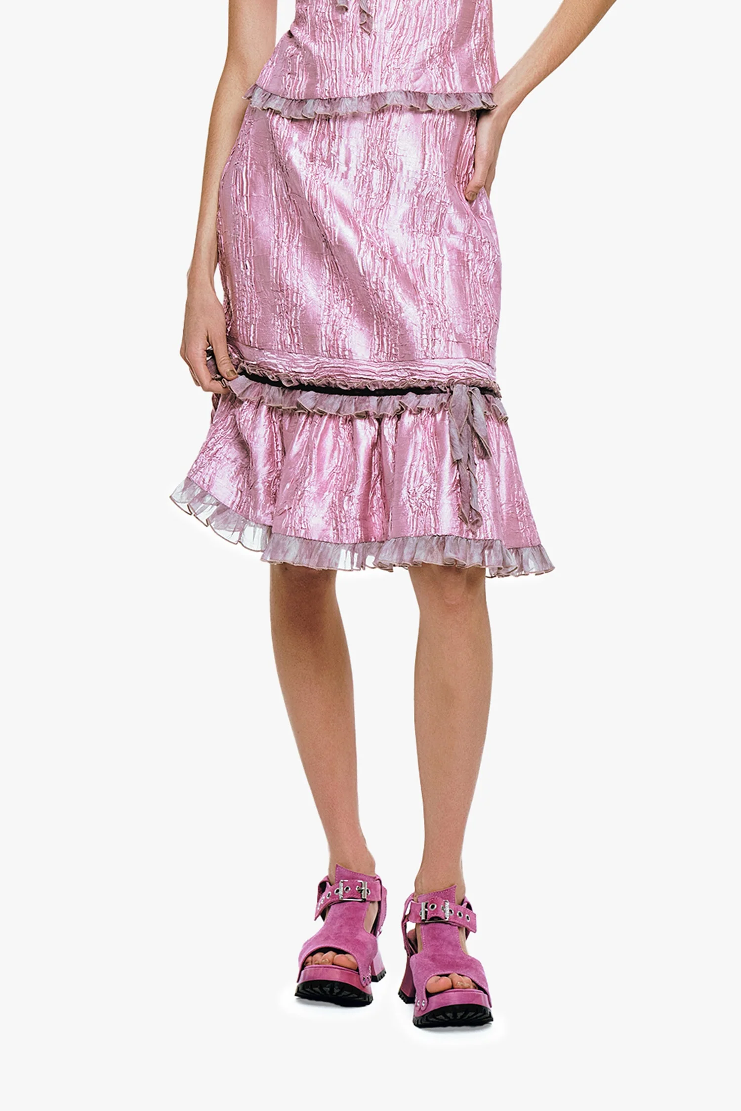 Crushed Satin Ruffle Midi Skirt