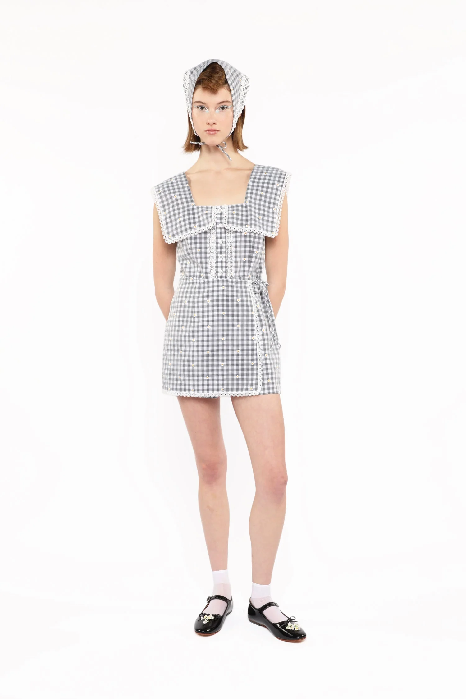 Daisy Embroidery on Gingham Tie Romper - Image 5
