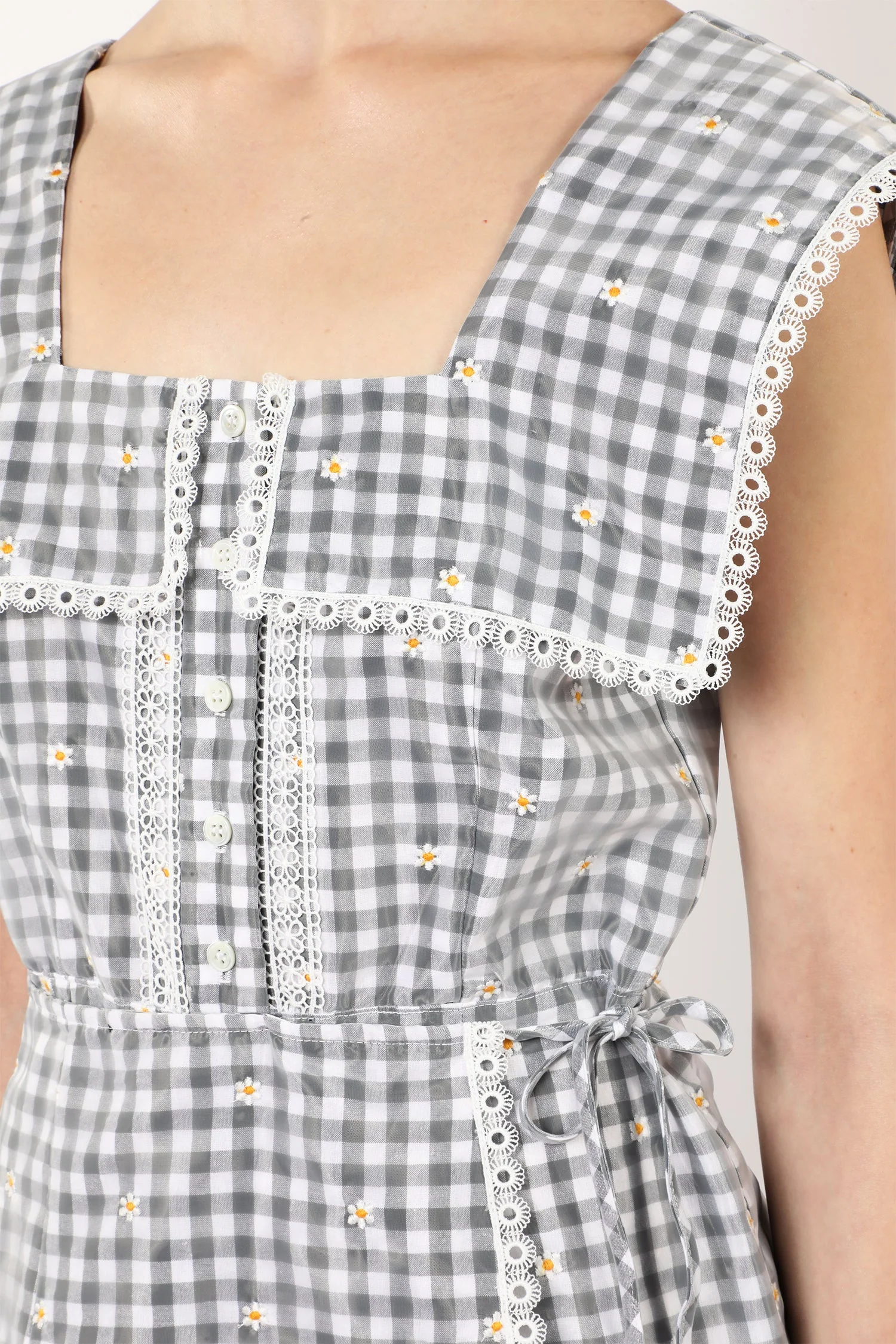 Daisy Embroidery on Gingham Tie Romper - Image 6