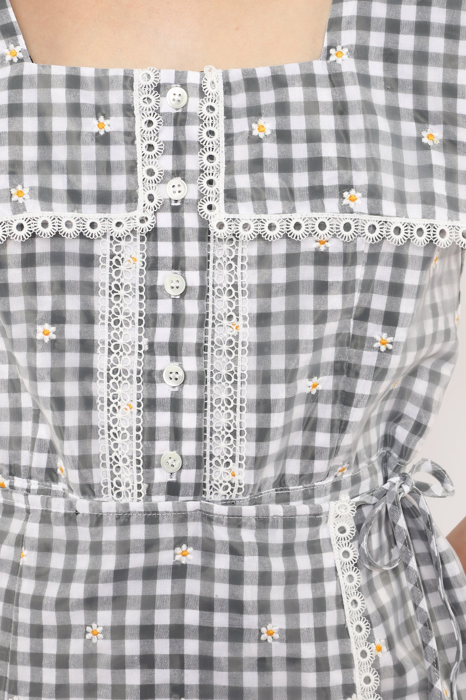 Daisy Embroidery on Gingham Tie Romper - Image 7