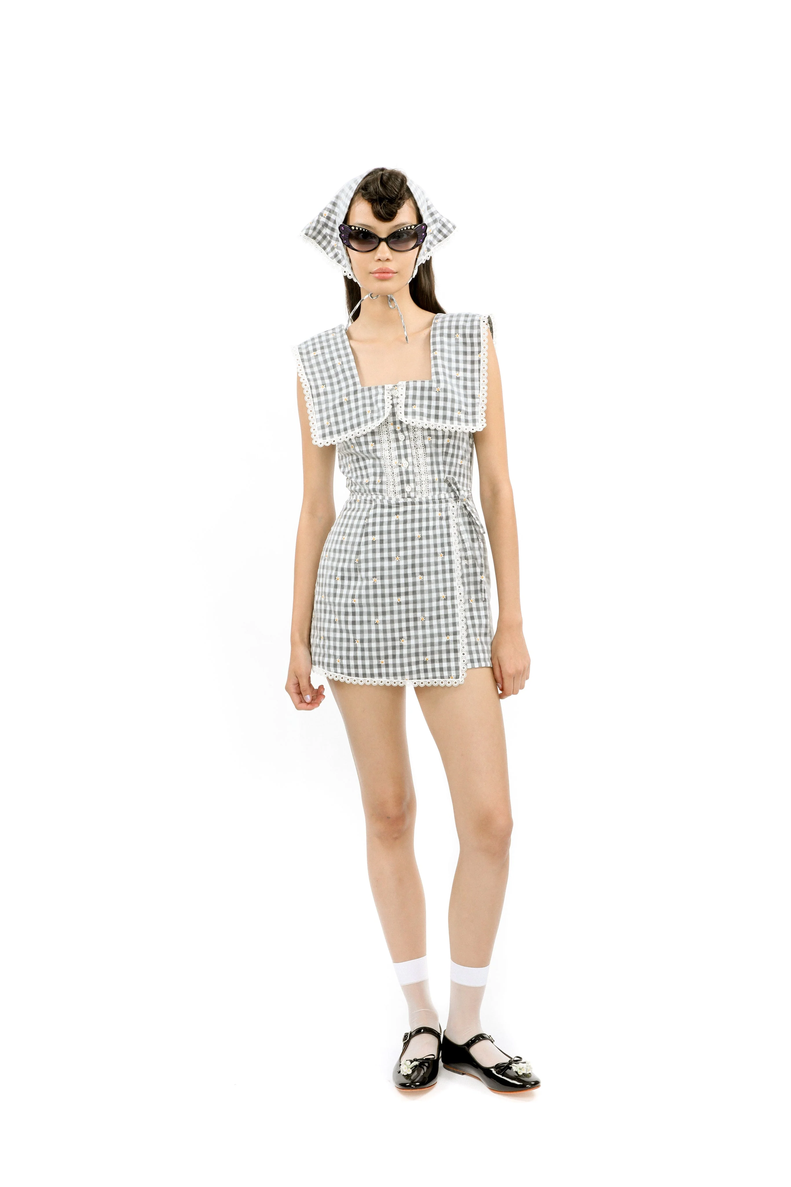 Daisy Embroidery on Gingham Tie Romper - Image 8
