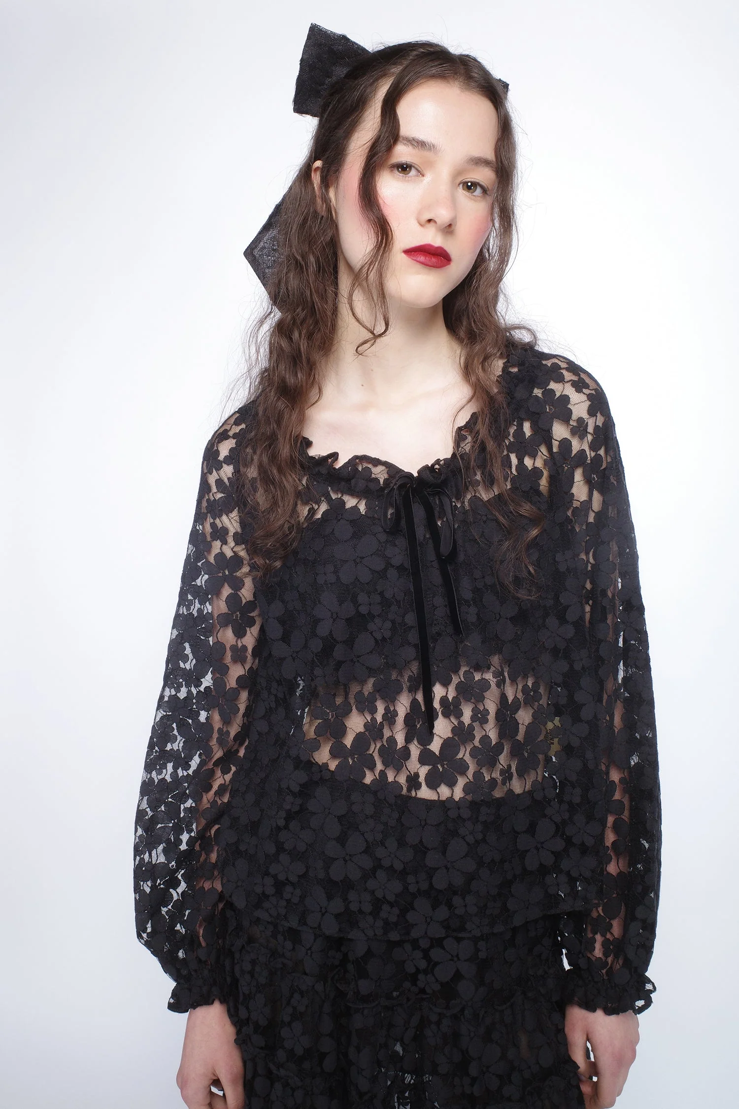 Shadow Blossom Tulle Elastic Lace Blouse - Image 5