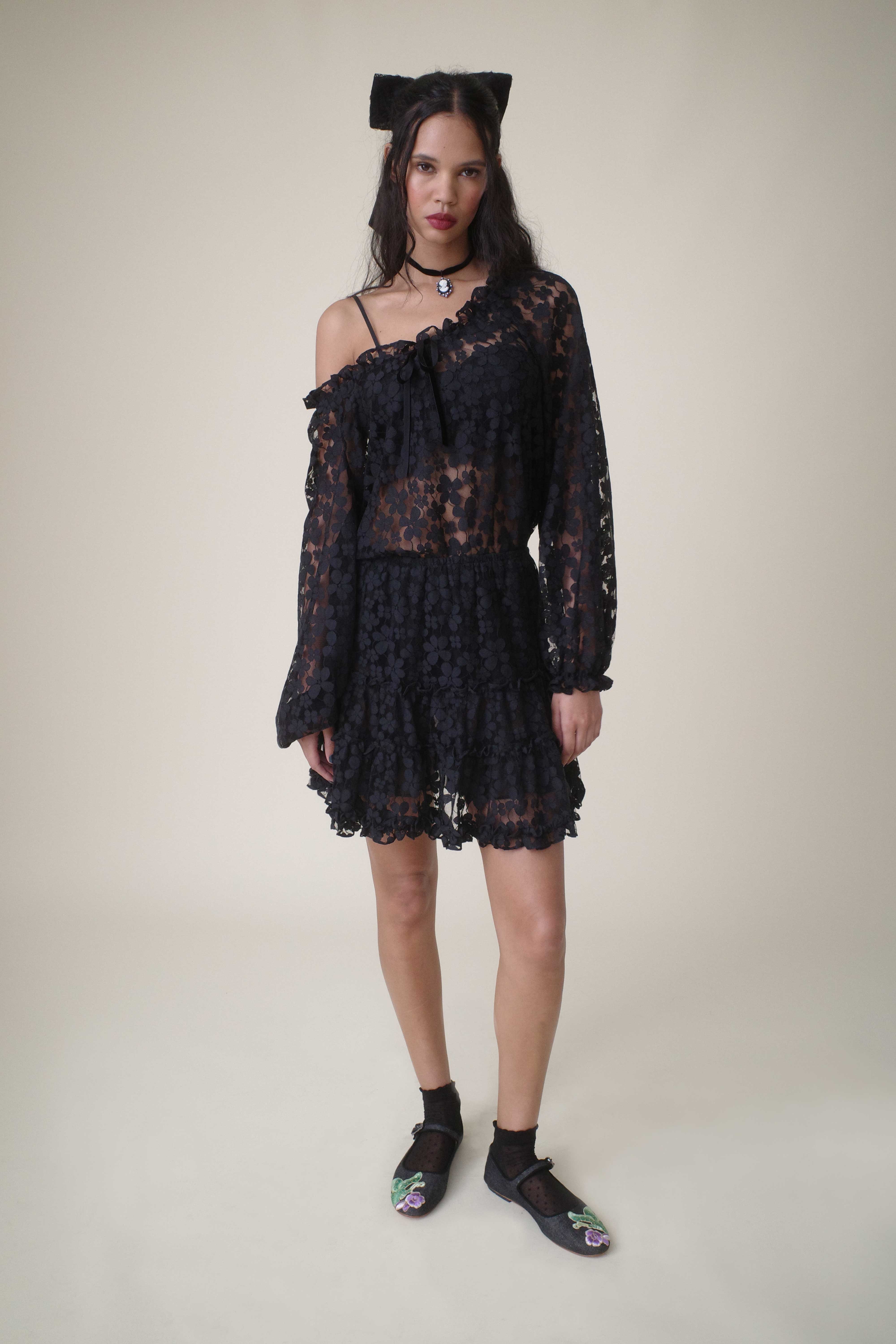 Shadow Blossom Tulle Elastic Lace Blouse - Image 8