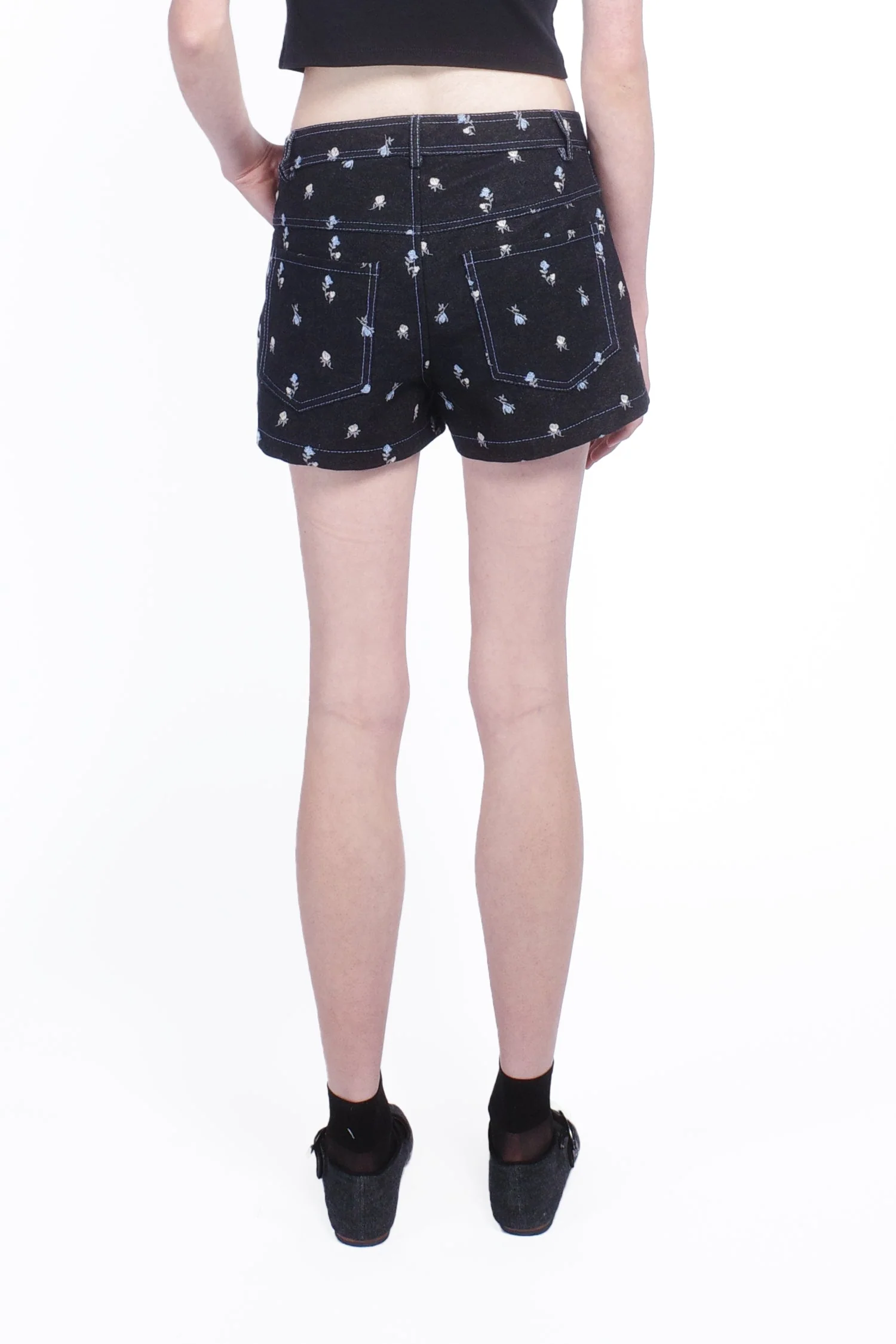 Denim Embroidered Roses Shorts - Image 4