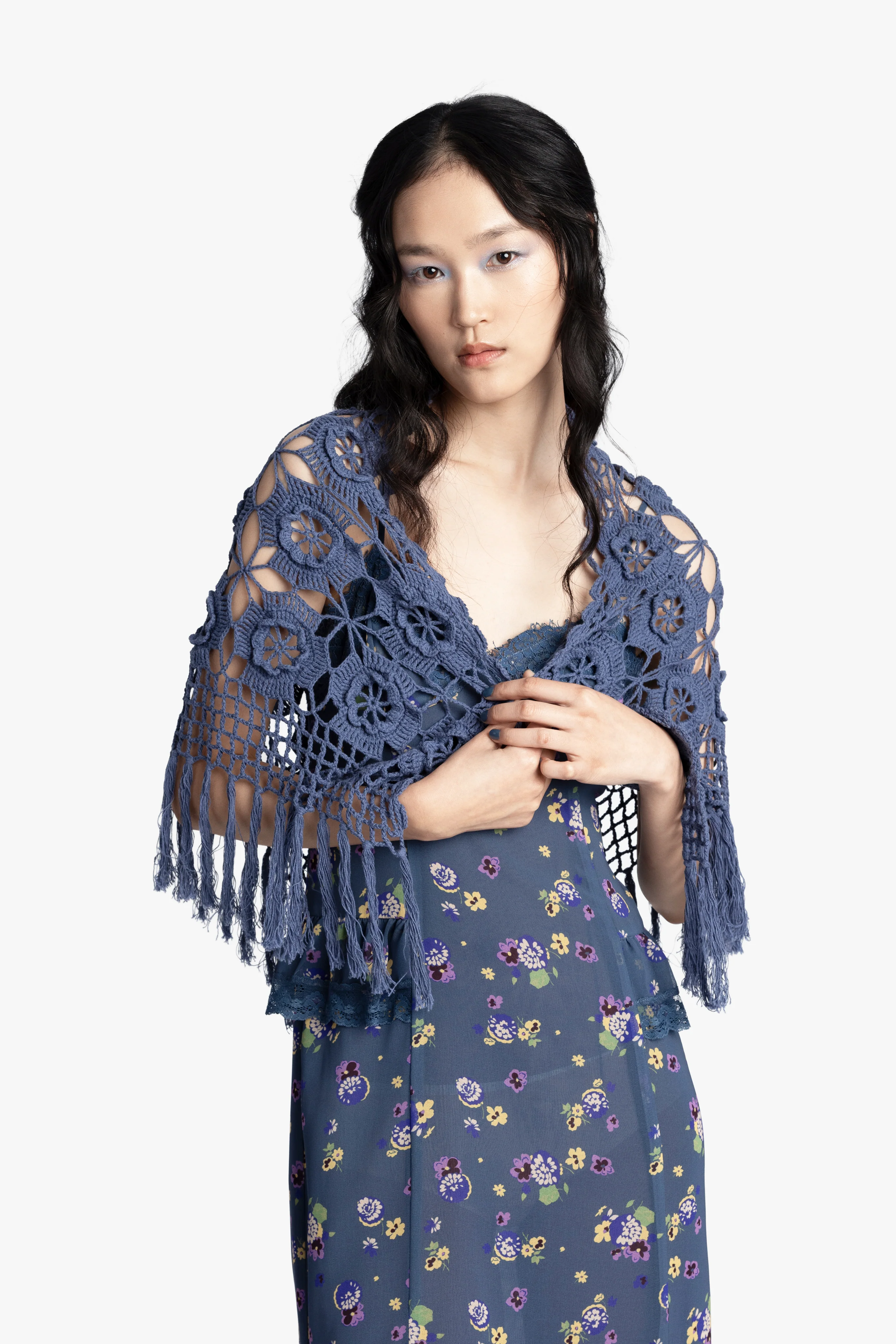 Linen Crochet Shawl- Denim