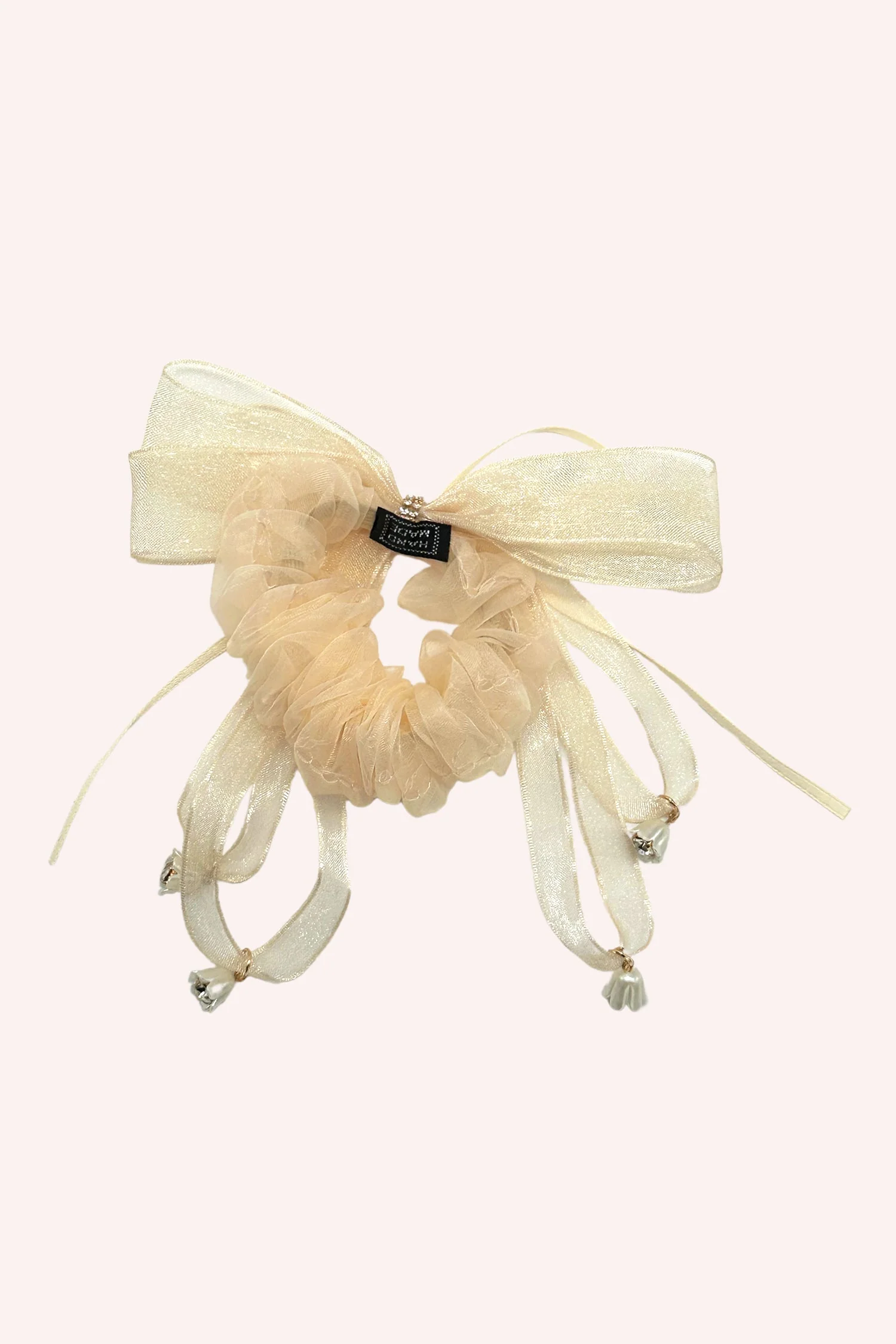 Nude Mesh Bow Flower Embellished Scrunchie - Image 2