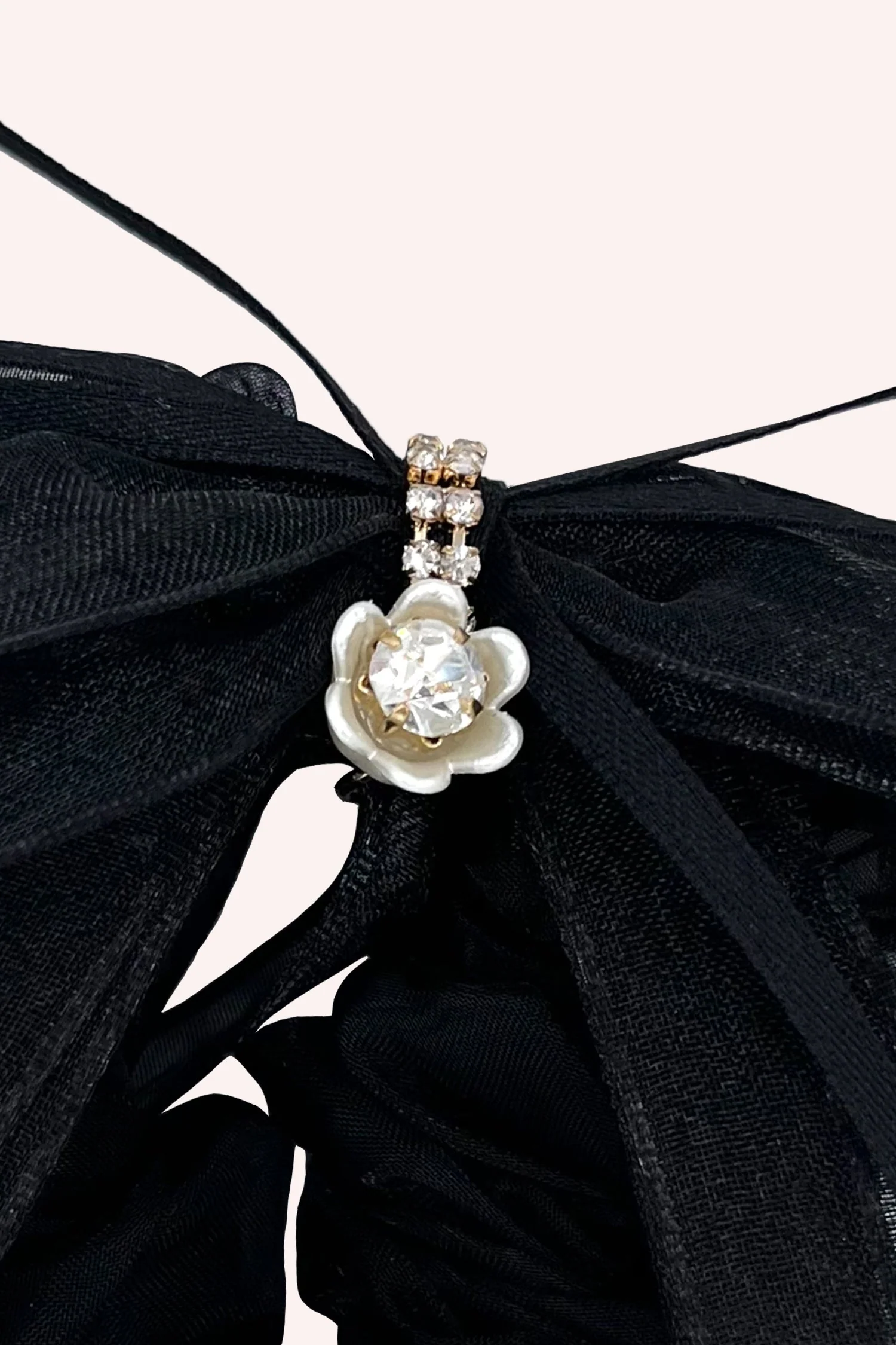 Black Mesh Bow Flower Embellished Scrunchie - Image 3