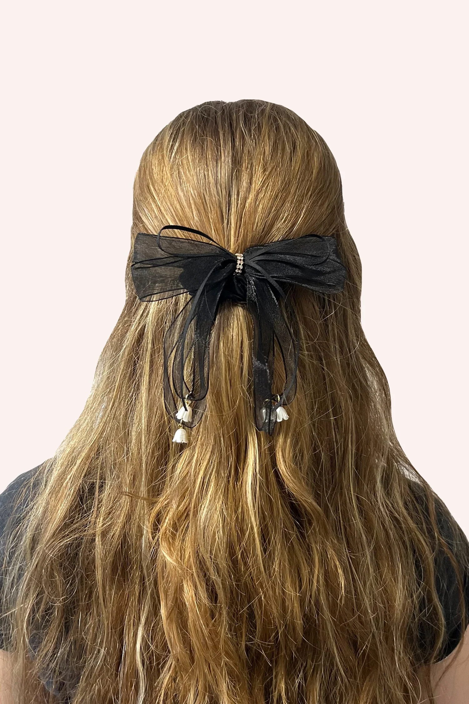 Black Mesh Bow Flower Embellished Scrunchie - Image 4