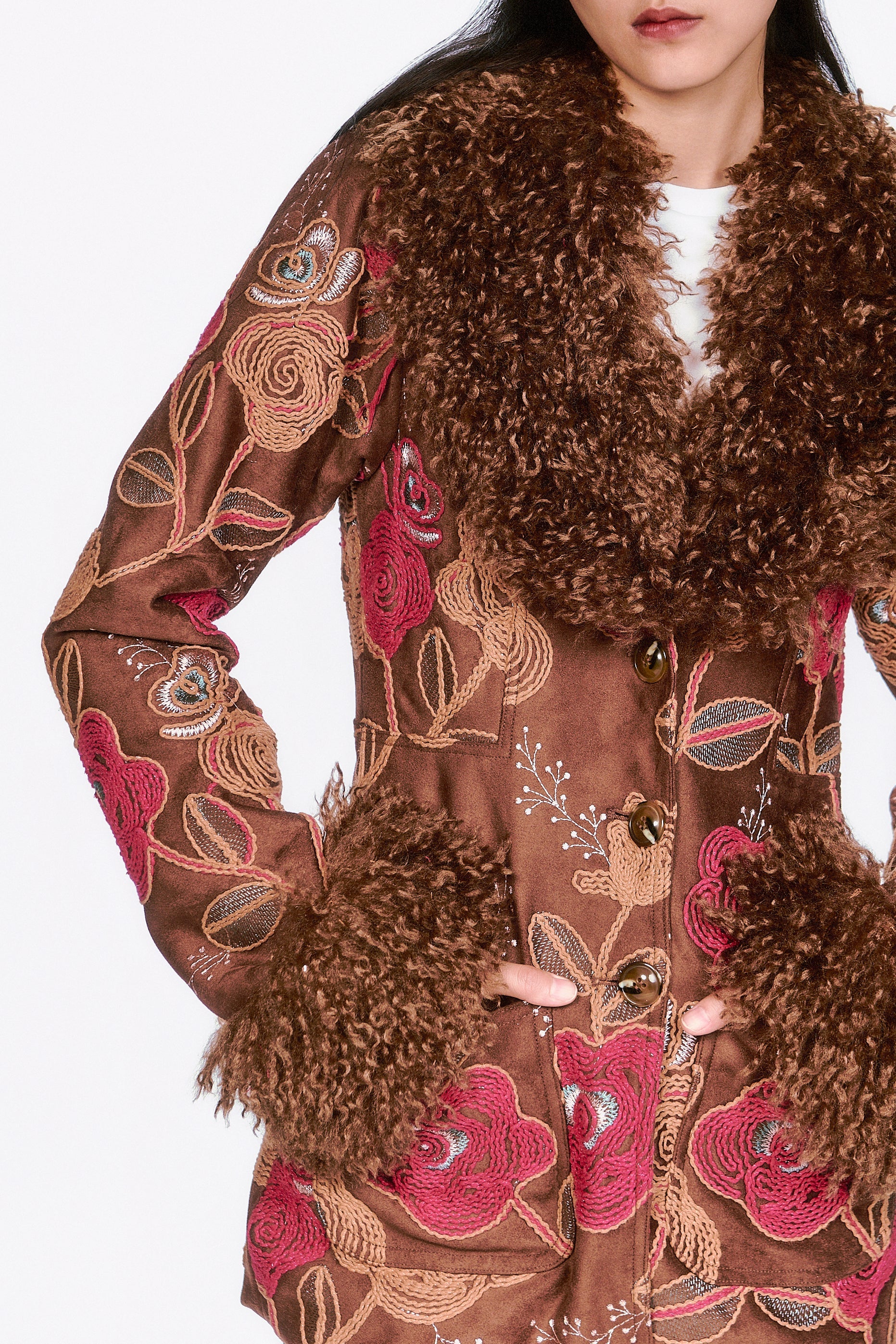 Poiret Rose Embroidered Faux Suede Faux Fur Trim Jacket - Image 2