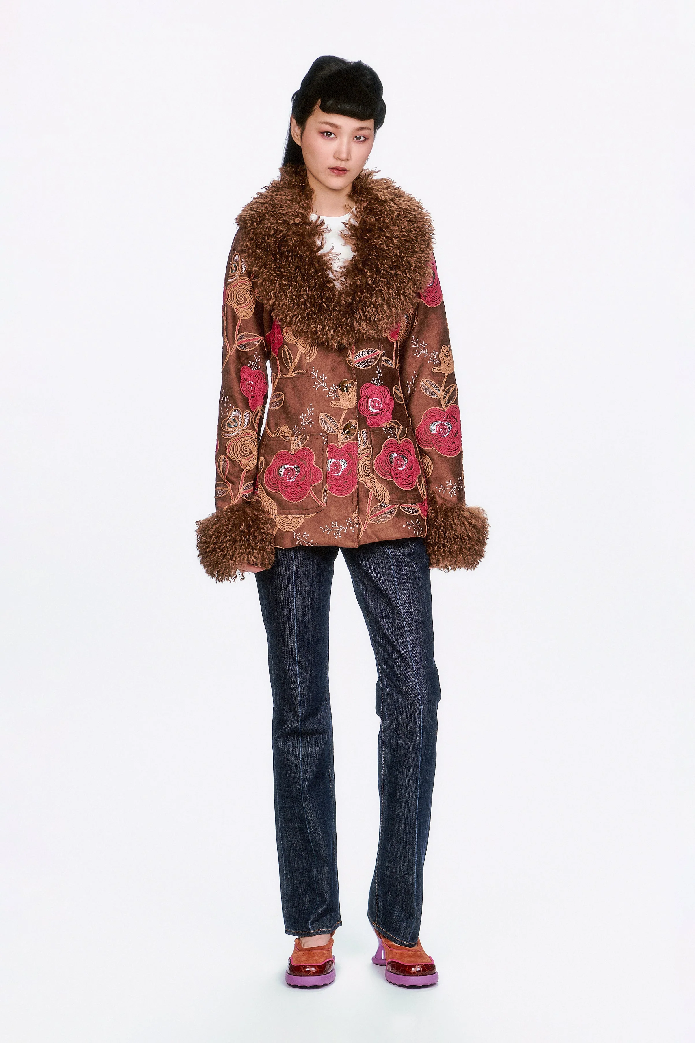Poiret Rose Embroidered Faux Suede Faux Fur Trim Jacket - Image 3