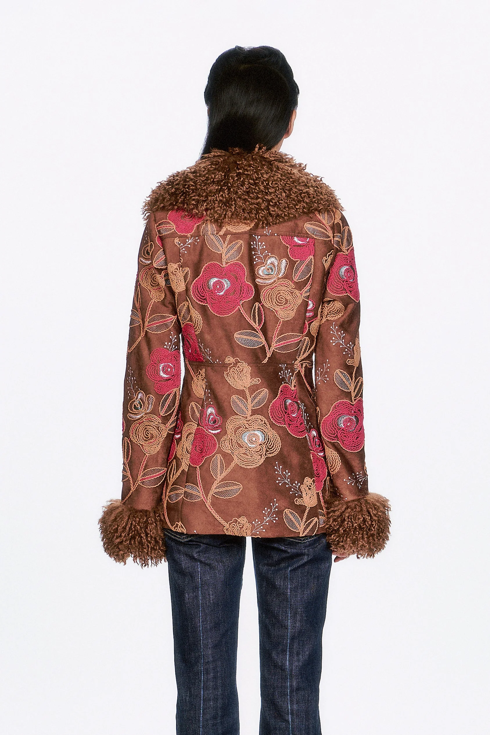 Poiret Rose Embroidered Faux Suede Faux Fur Trim Jacket - Image 5