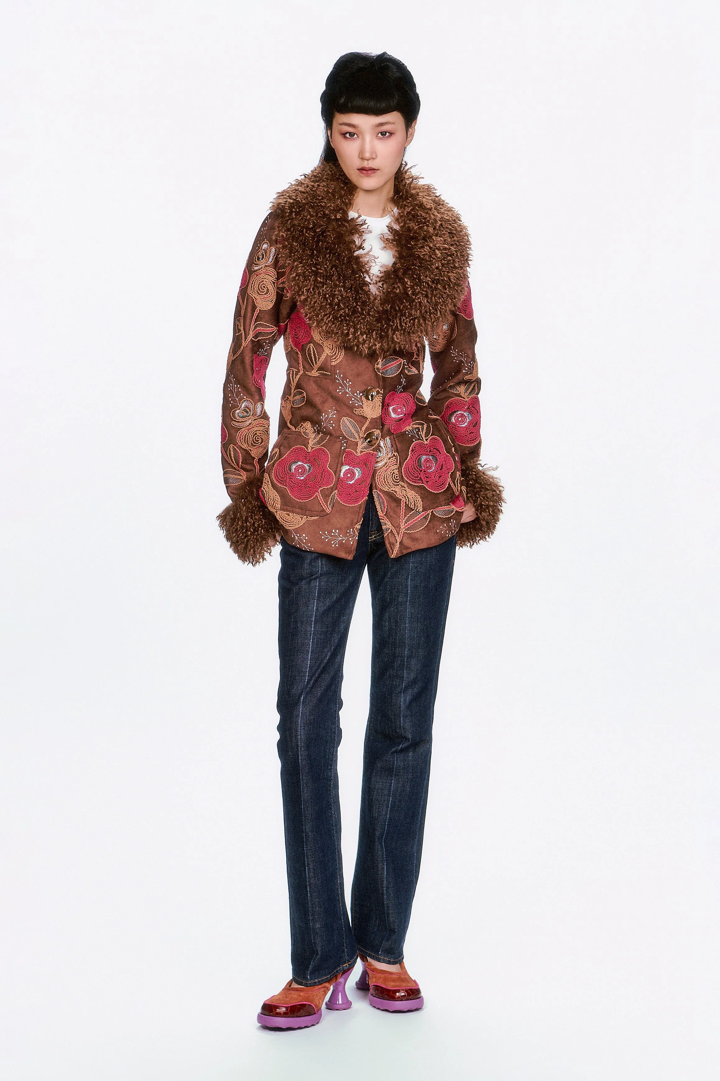 Poiret Rose Embroidered Faux Suede Faux Fur Trim Jacket - Image 6