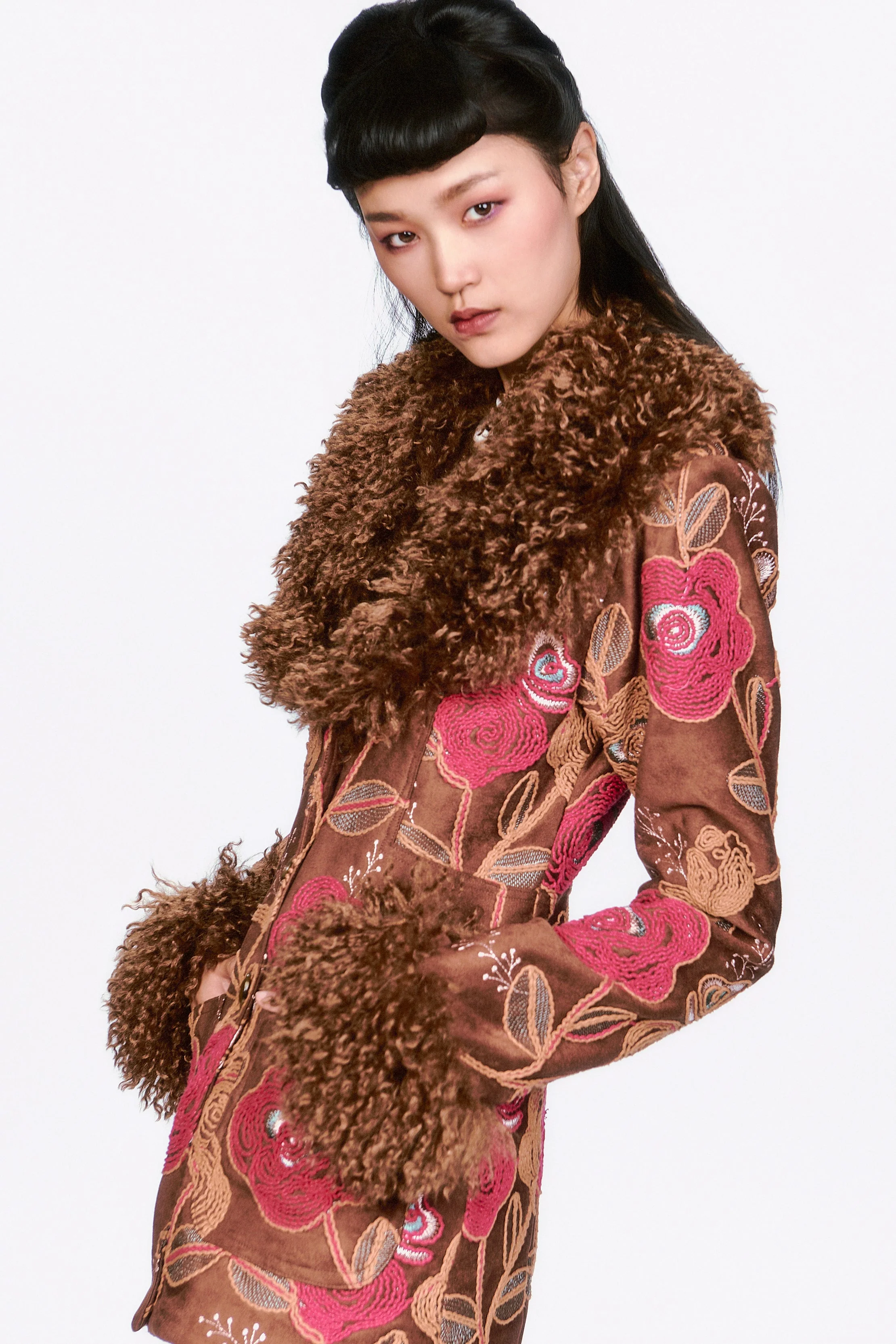 Poiret Rose Embroidered Faux Suede Faux Fur Trim Jacket - Image 8
