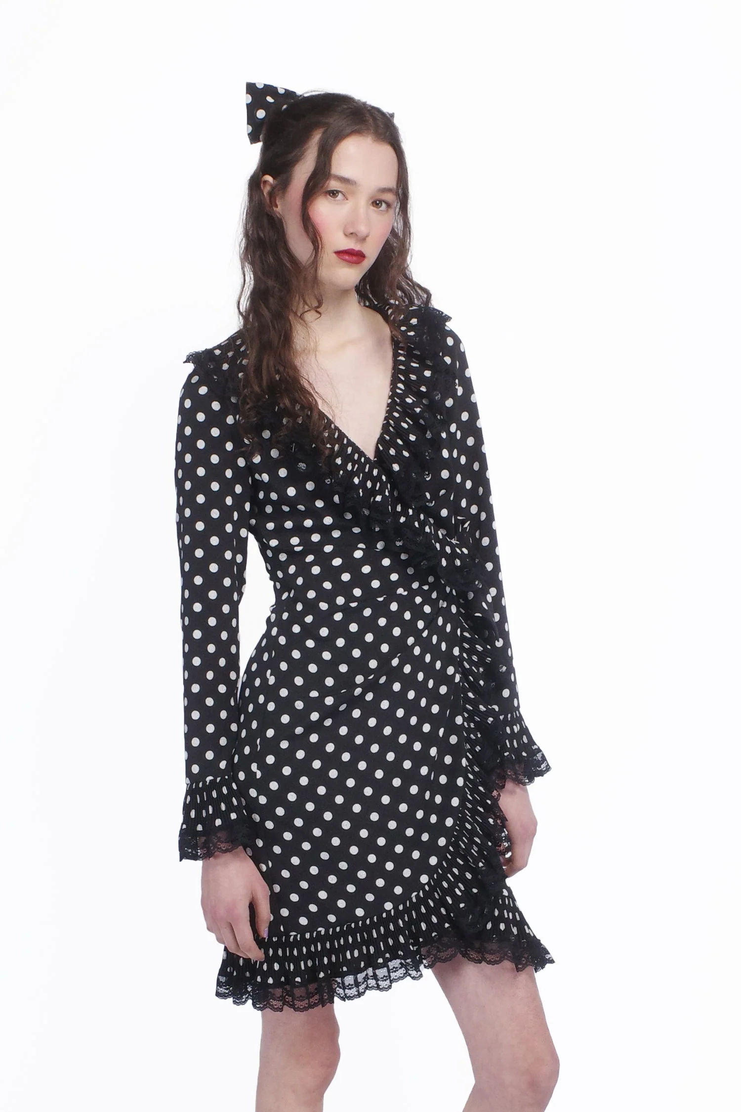 Polka Dot Pleated Wrap Dress - Image 3