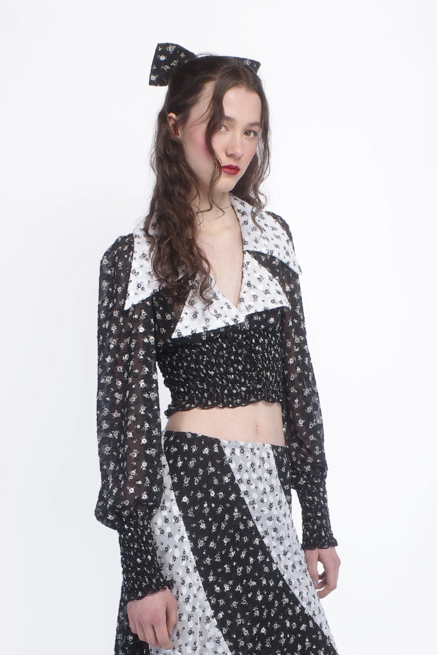 Ditsy Dot Chiffon Collared Smocked Top - Image 3