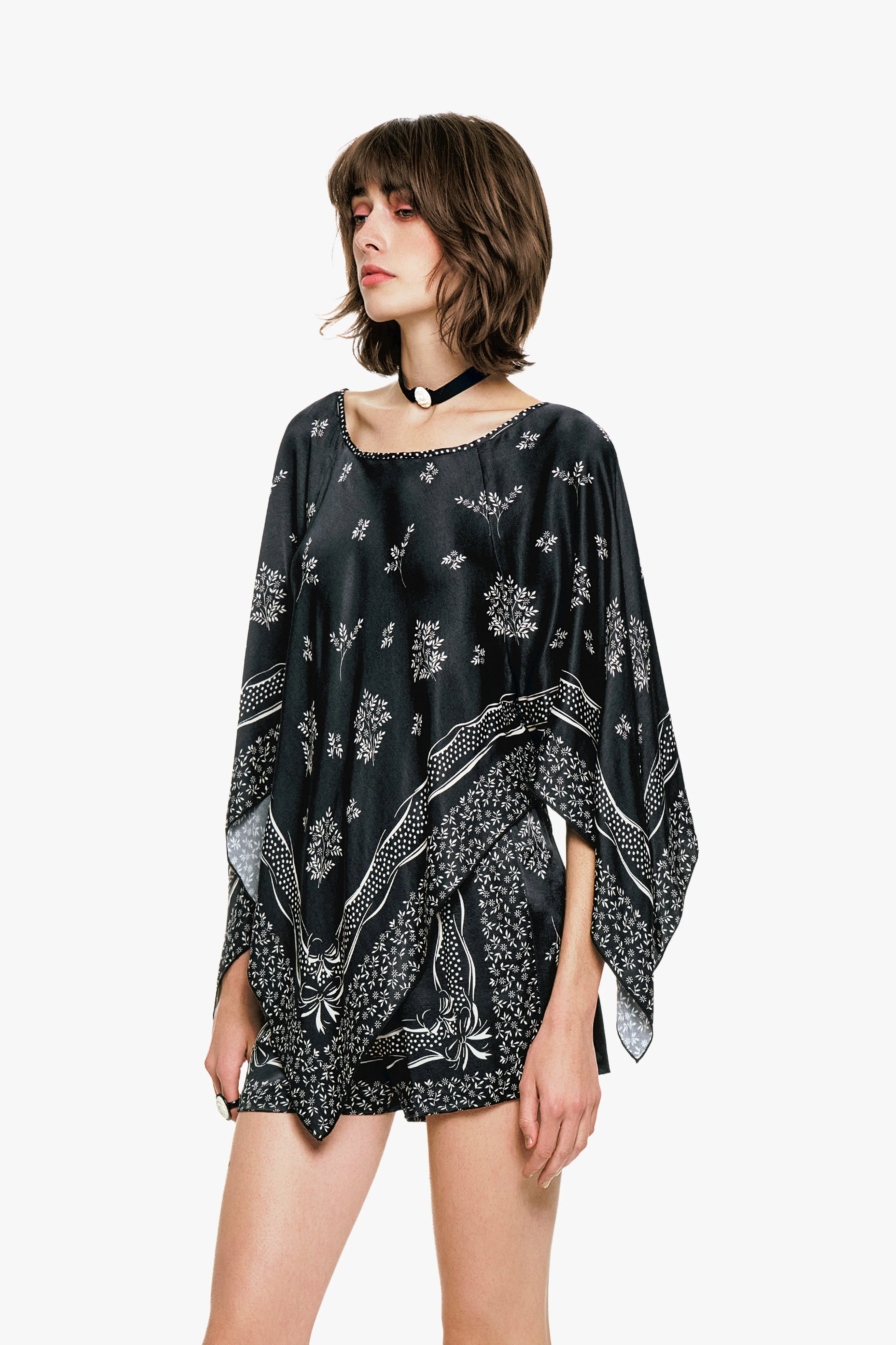 Ribbon Handkerchief Satin Print Poncho - Image 3