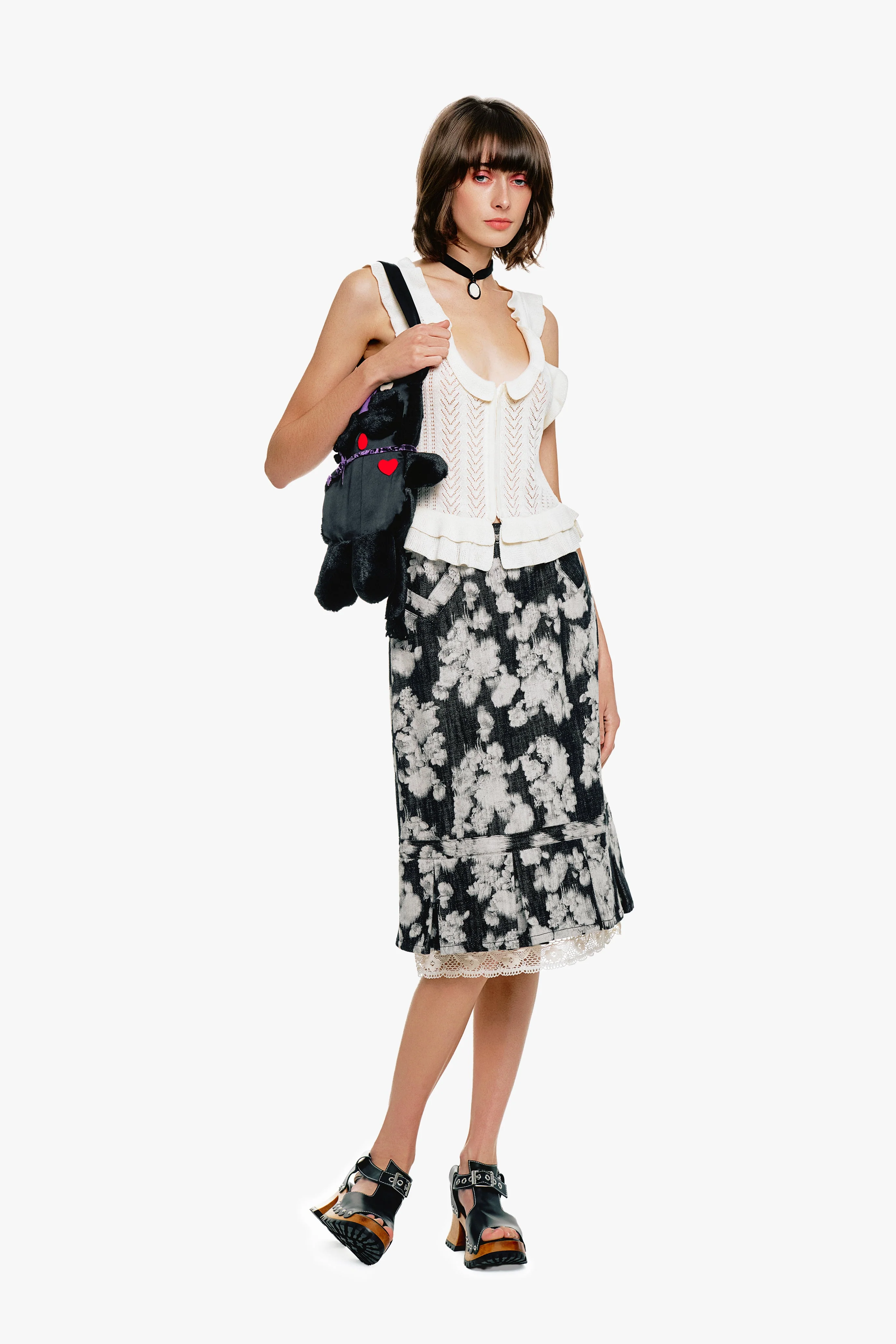 Rose Illusion Denim Lace Trimmed Skirt - Image 5