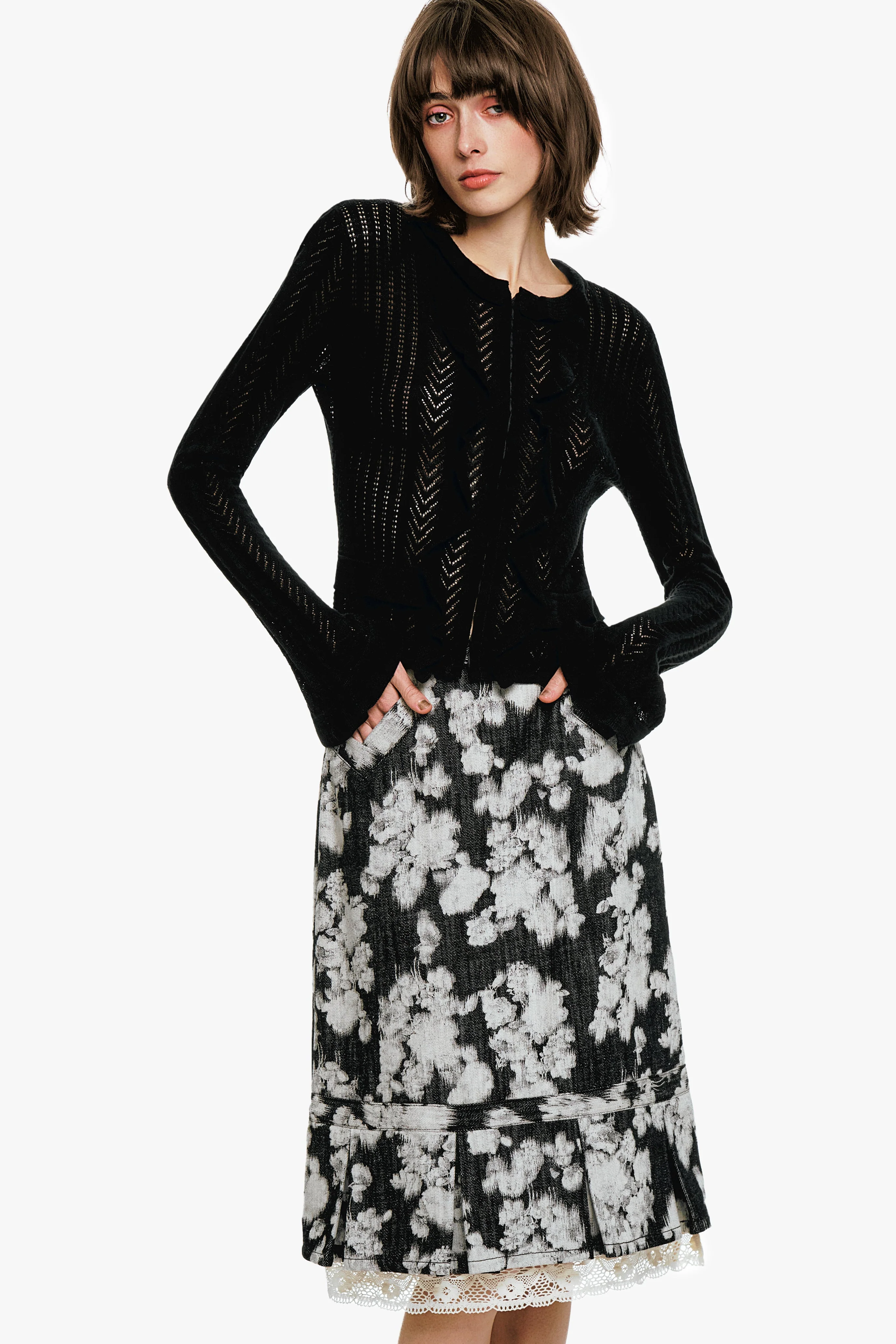 Victorian Pointelle Knitwear Cardigan - Black - Image 2