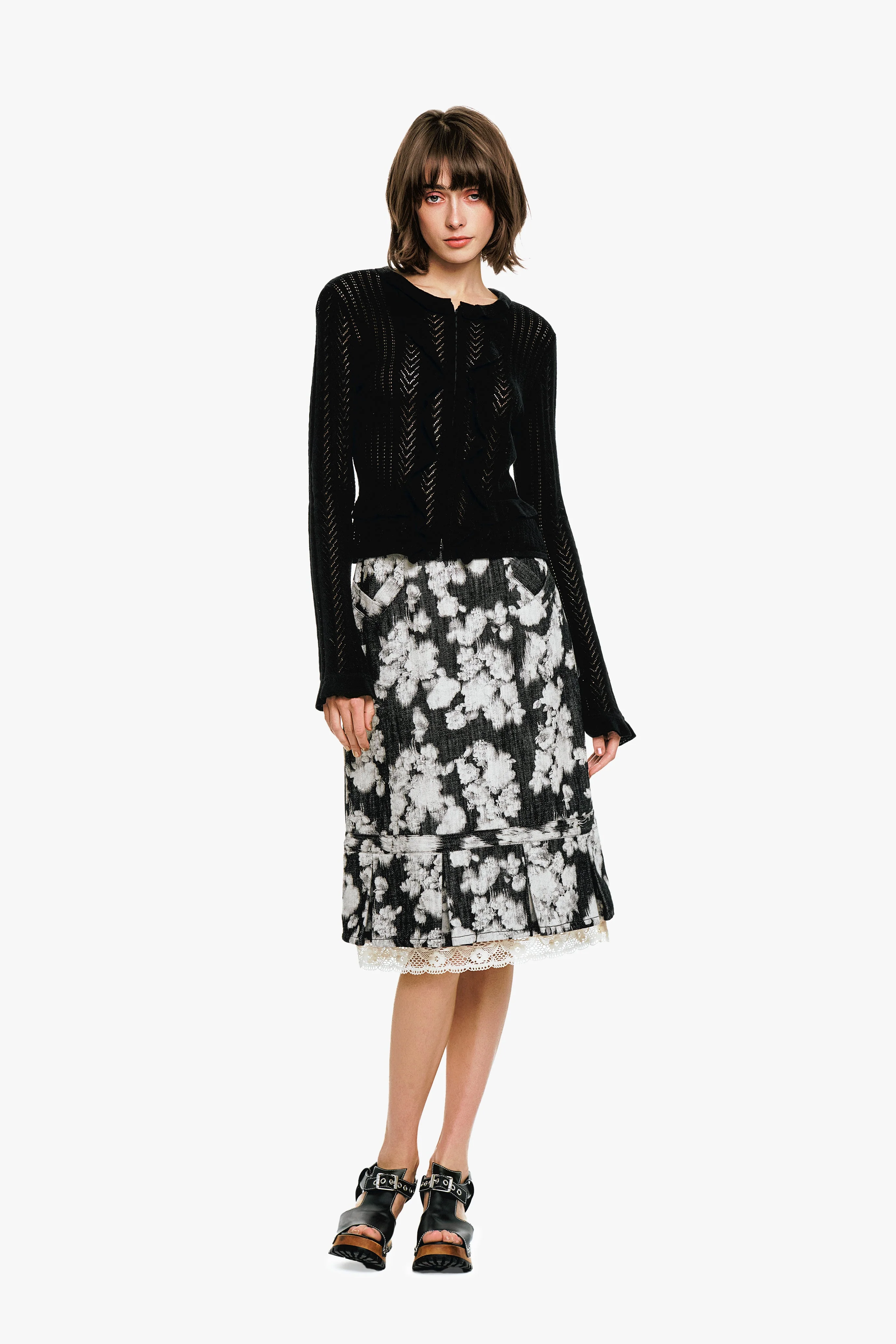 Victorian Pointelle Knitwear Cardigan - Black - Image 3
