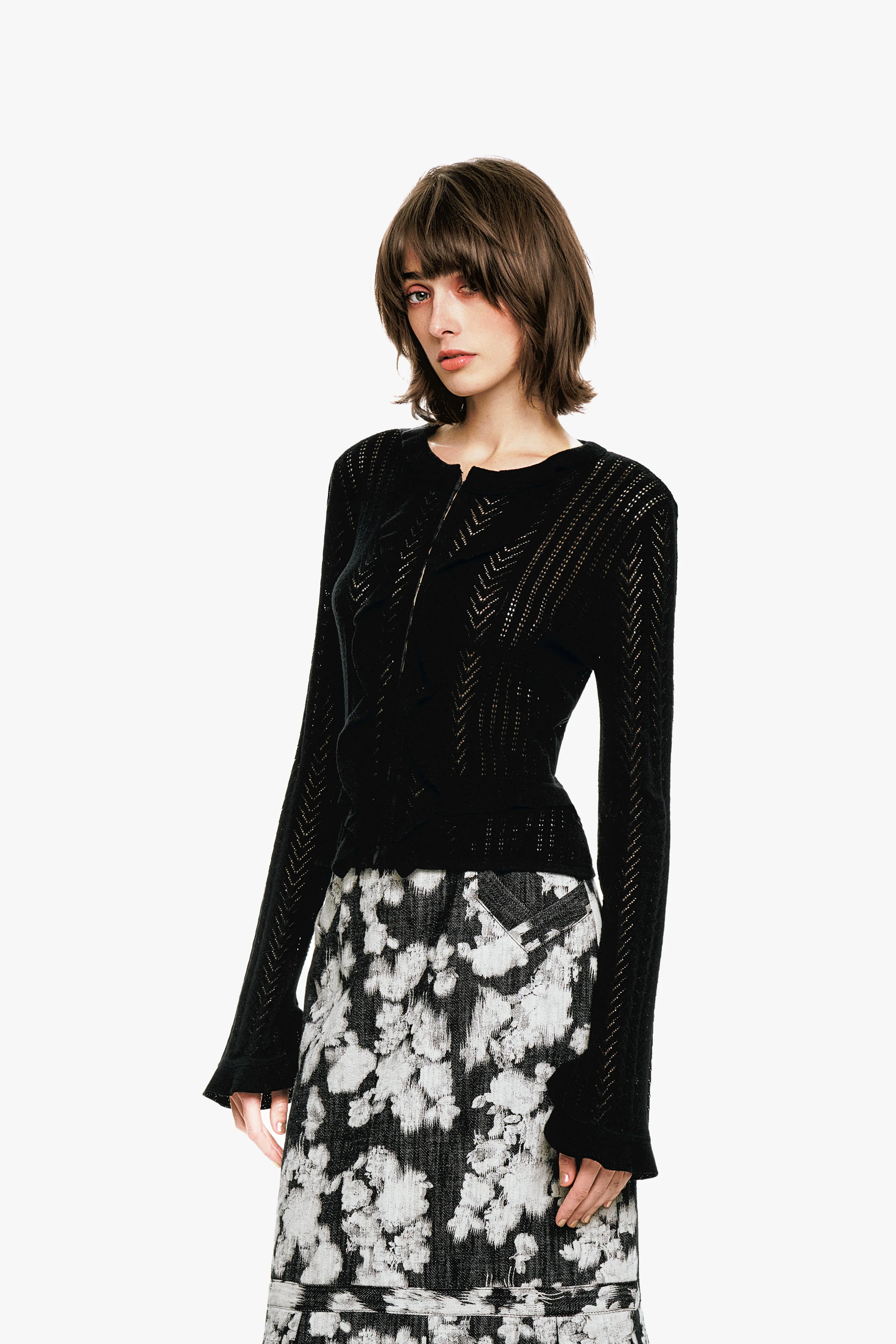 Victorian Pointelle Knitwear Cardigan - Black - Image 4
