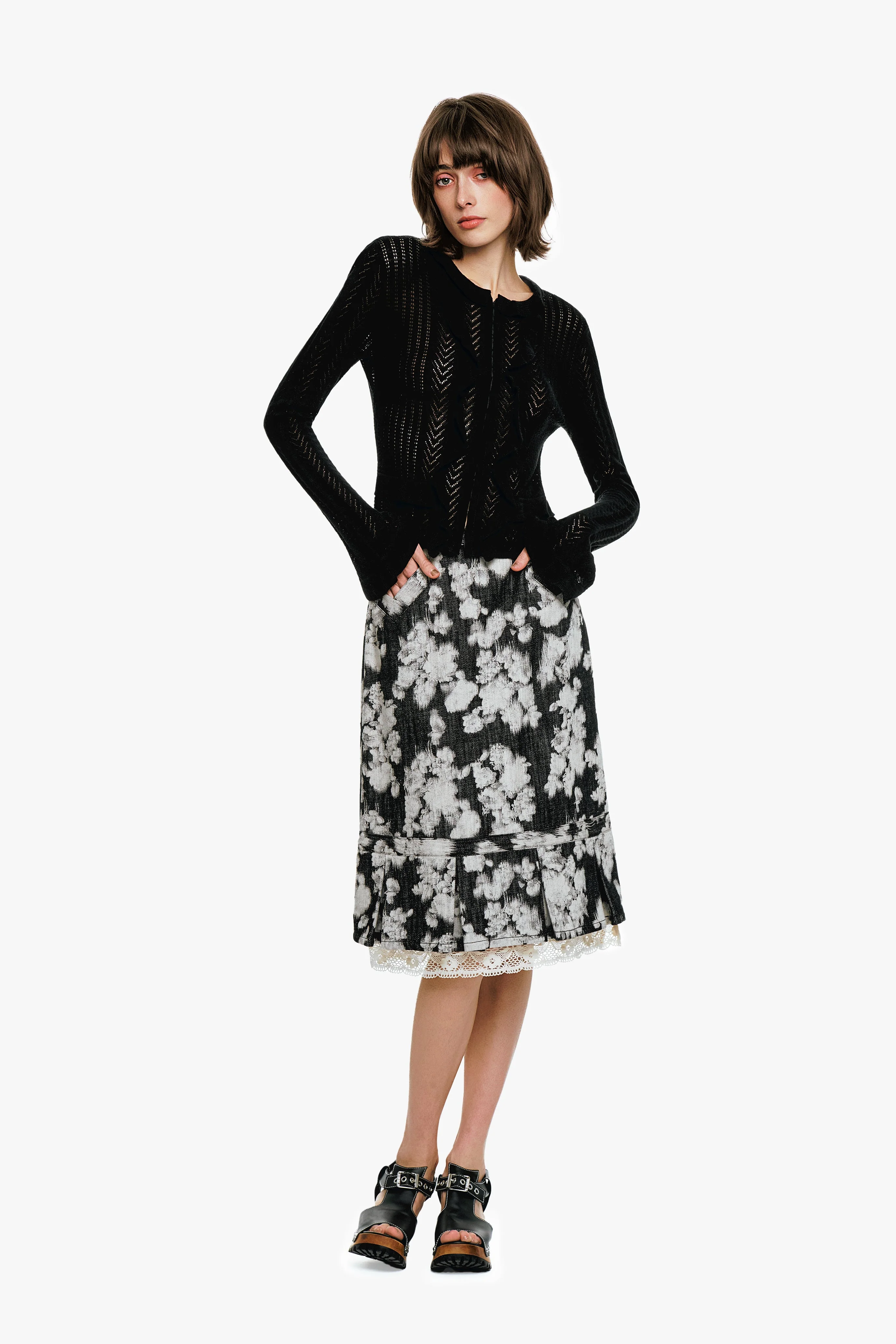 Victorian Pointelle Knitwear Cardigan - Black - Image 6