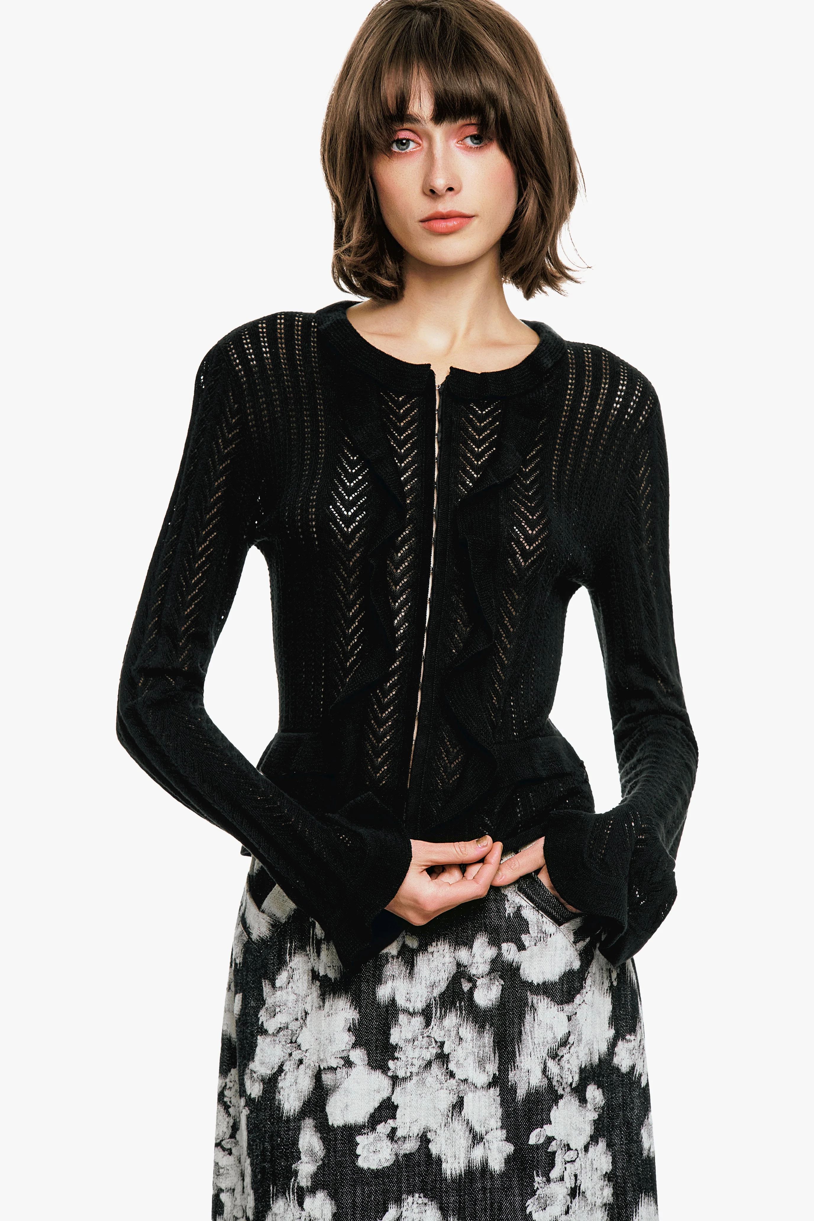 Victorian Pointelle Knitwear Cardigan - Black - Image 7