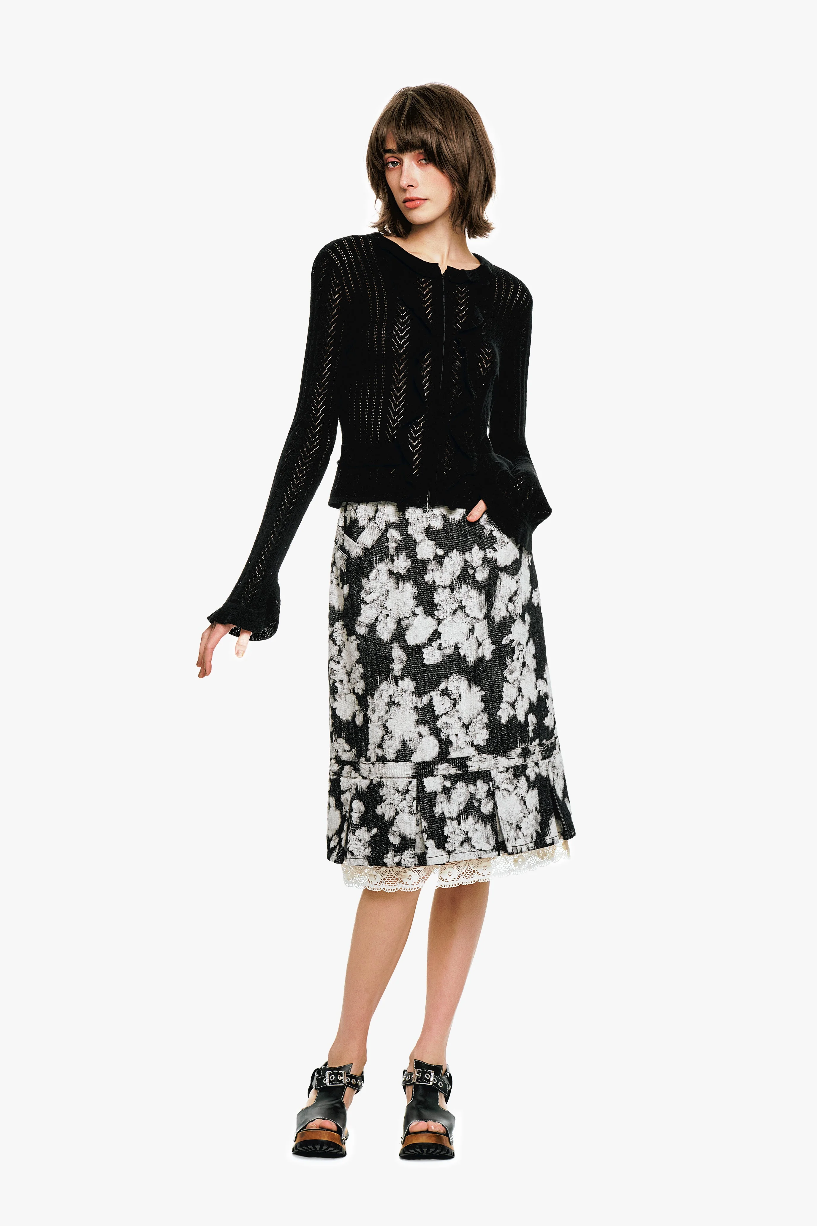 Victorian Pointelle Knitwear Cardigan - Black - Image 8