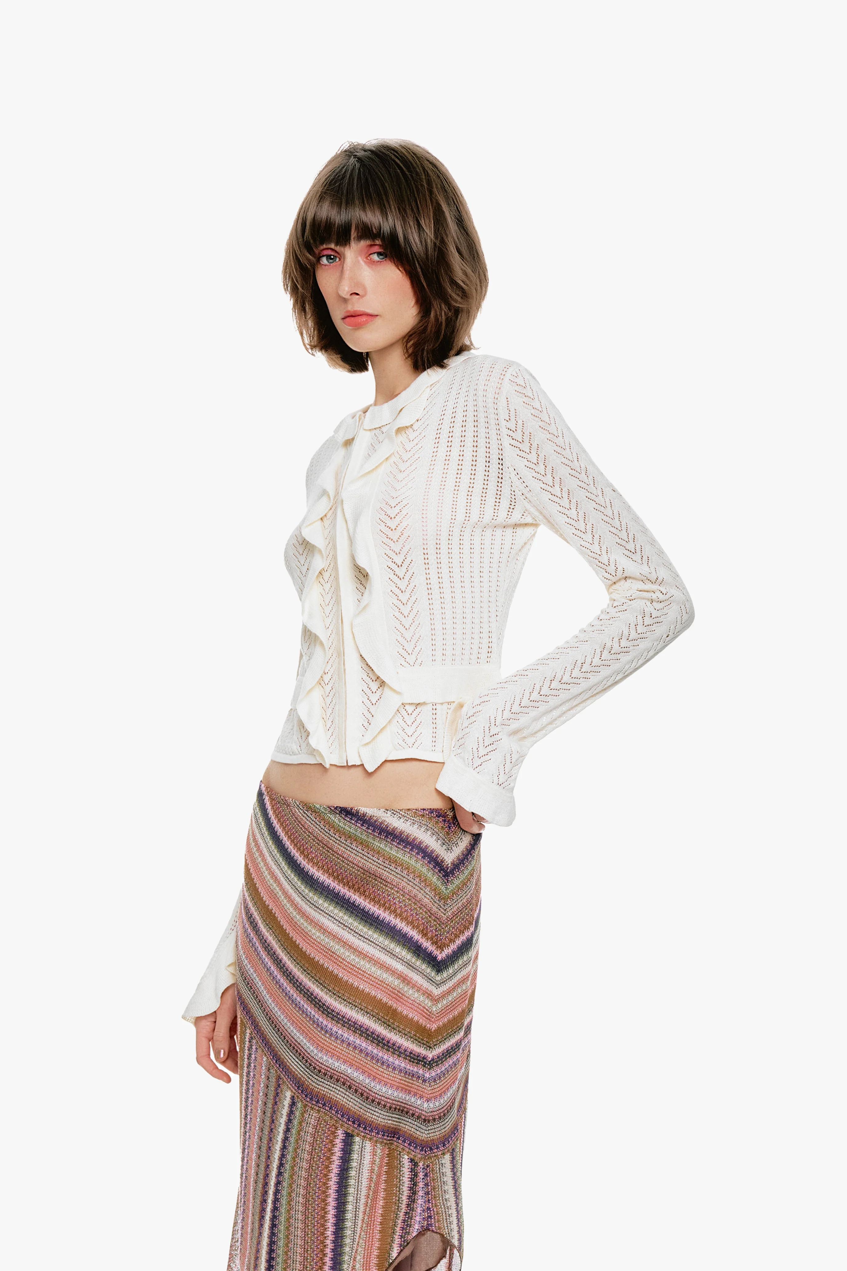 Victorian Pointelle Knitwear Cardigan - Cream - Image 4