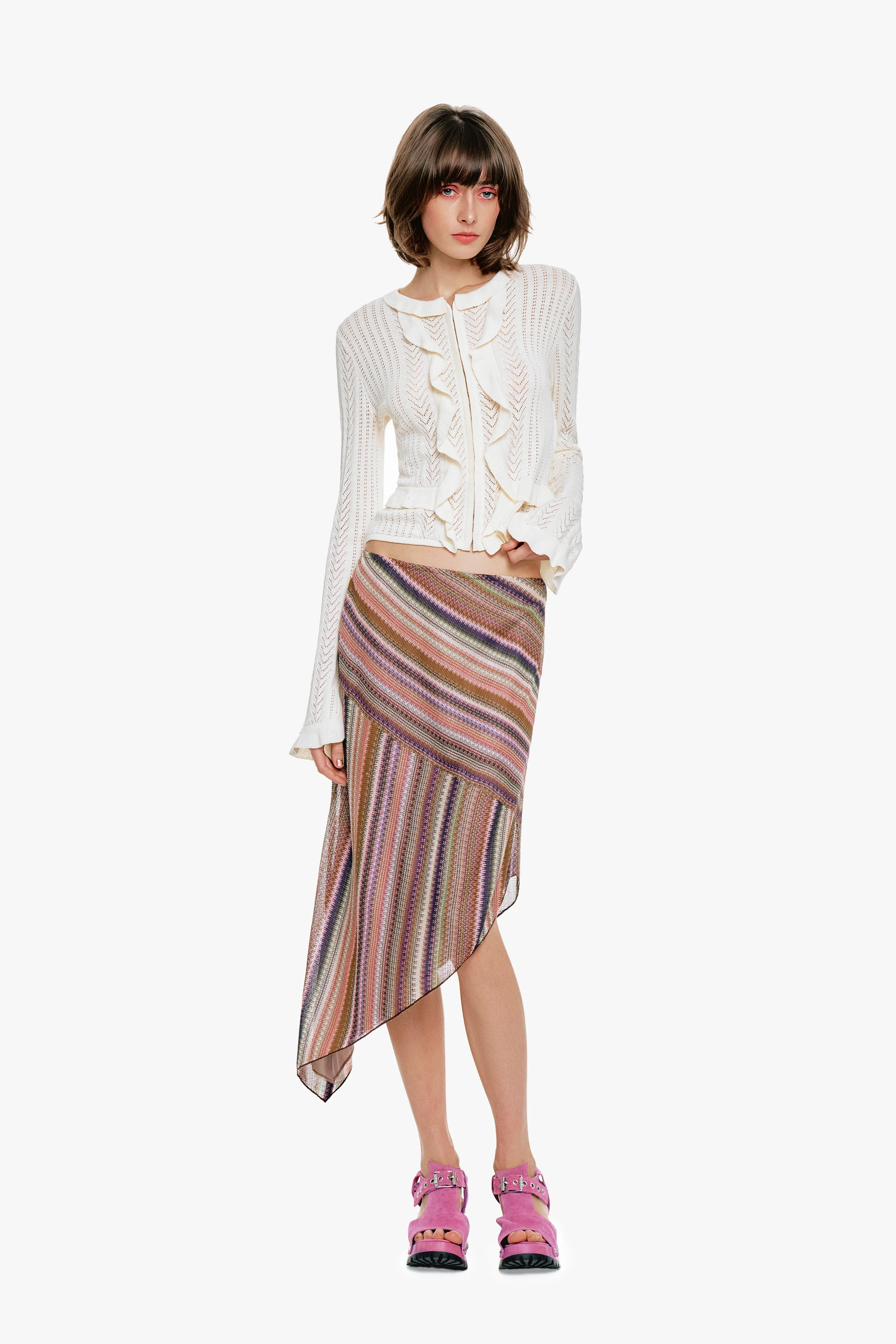 Wavy Chevron Knit Asymmetrical Stripe Skirt - Image 3