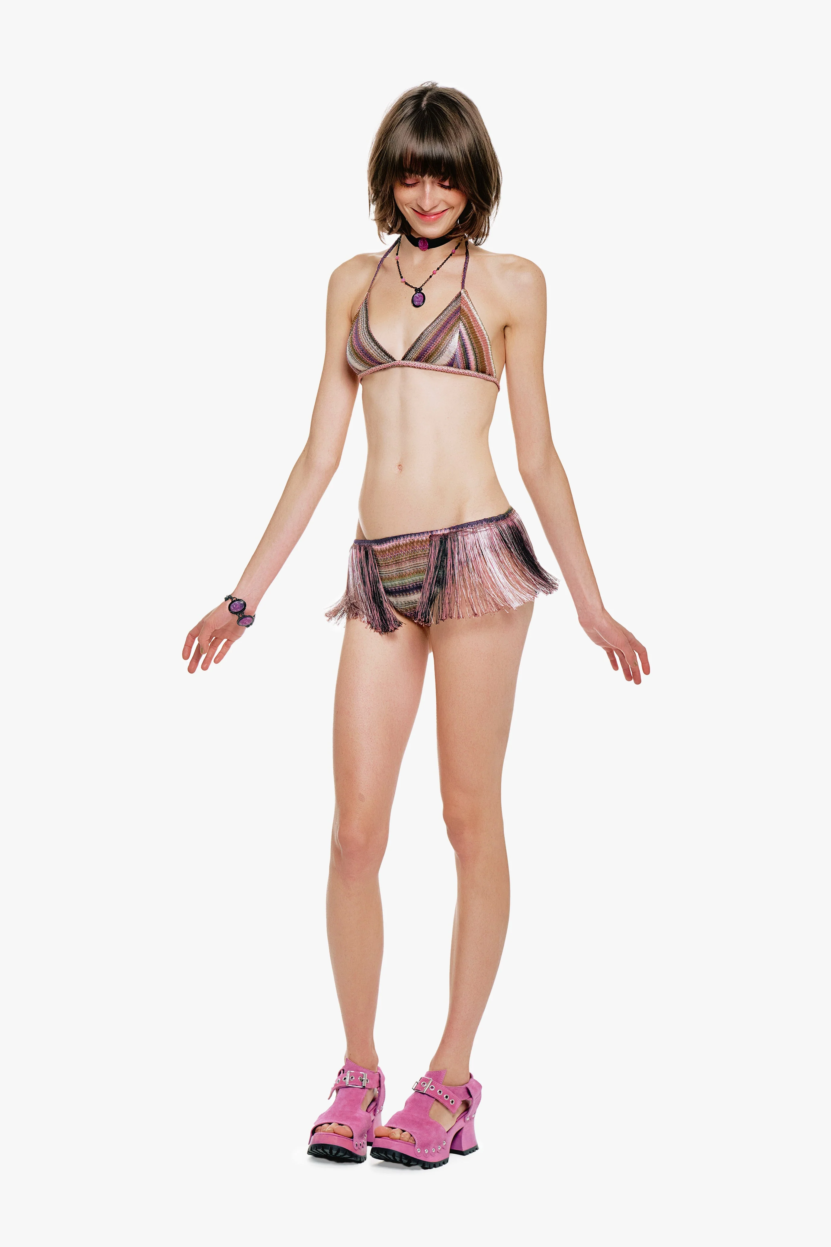 Wavy Chevron Knit Fringe Stripe Bikini Set - Image 5