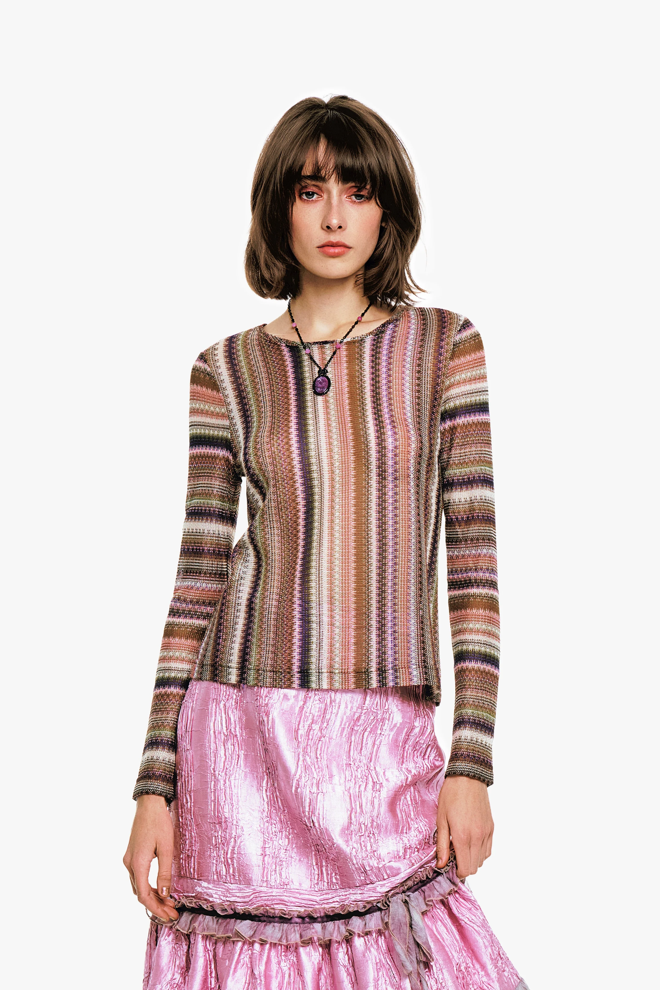 Wavy Chevron Knit Long Sleeve Stripe Top